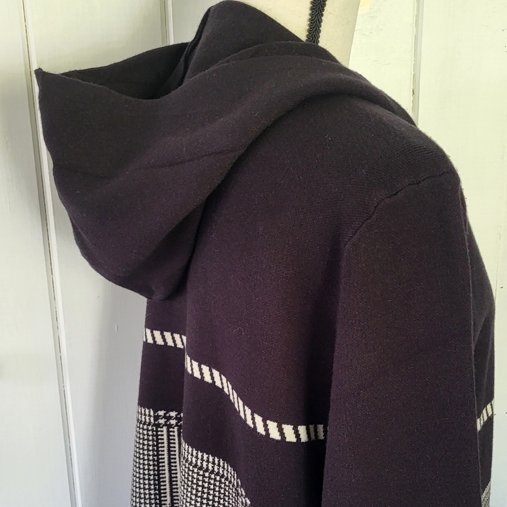 Romimona Longline Hooded Herringbone Block Open Front Cardigan - Picture 3 of 11